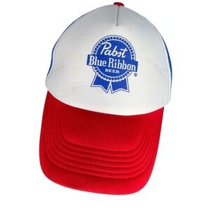 Pabst Blue Ribbon Trucker Hat Mens OS Red White Blue Cap Vintage Retro Style